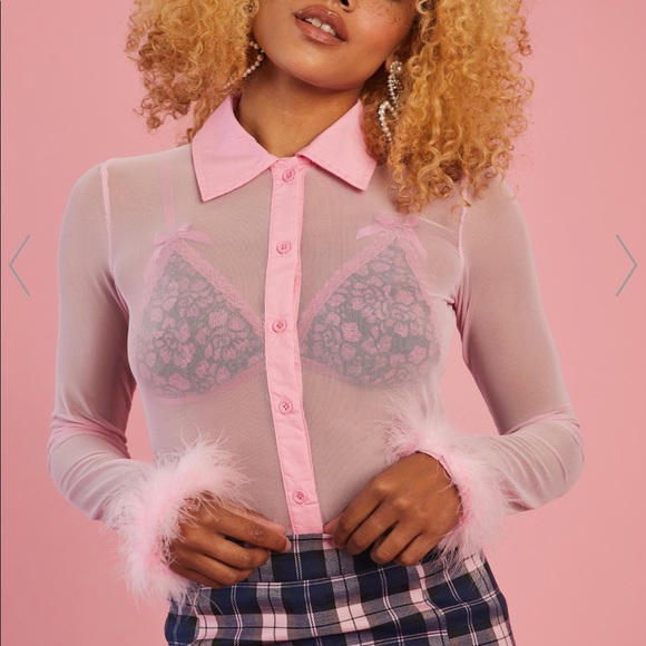 Pink Button Up Mesh Blouse - Picture 2 of 4